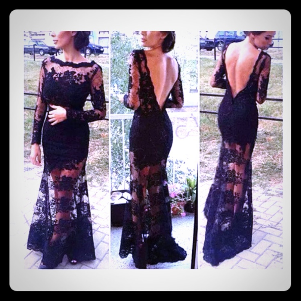 BLACK LACE FORMAL LONG GOWN DRESS